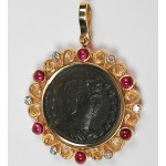 Large Roman Bronze Coin in 14kt Gold, Diamond, & Pink Tourmaline Pendant